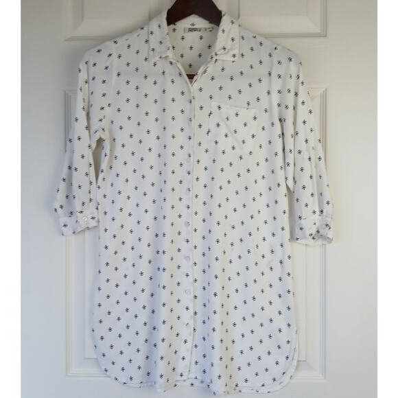 People Fleur-de-lis Button Up Blouse Small white roll tab sleeves vintage 90s - Picture 1 of 14